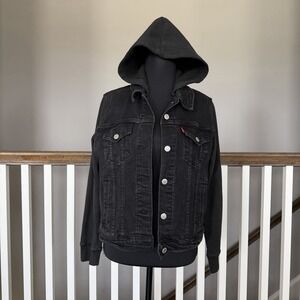 Levis Jacket Womens Large Black Hybrid Hooded Trucker Button Hoodie Denim Cotton